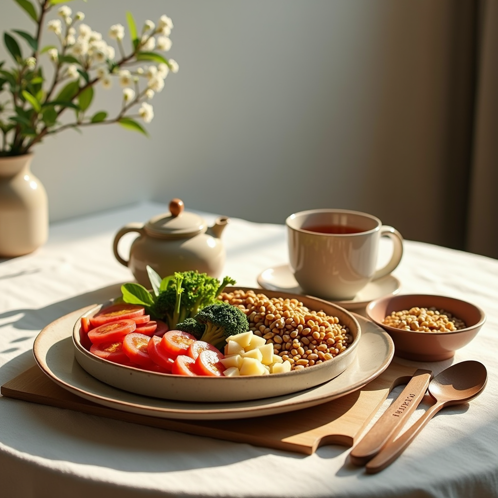 A serene dining table with a simple, mindfully arranged meal featuring fresh vegetables, whole grains, and a calming tea setup in natural lighting with soft earth-tone tableware