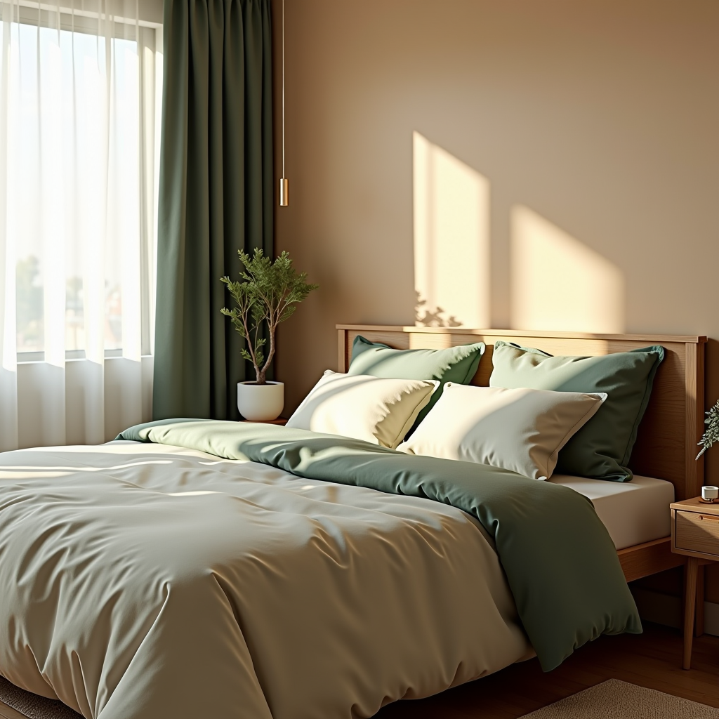 A peaceful bedroom with soft natural lighting filtering through sheer curtains, featuring a neatly made bed with cream and sage green linens, minimal decor including a small potted plant on a wooden nightstand, and warm earth-tone walls creating a calming atmosphere conducive to restful sleep