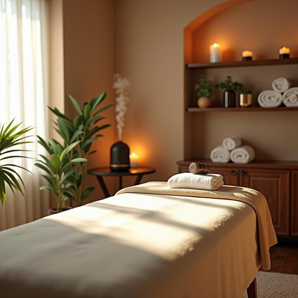 Peaceful massage therapy room with soft natural lighting, featuring a comfortable massage table draped in cream-colored linens, warm earth-tone walls, potted plants, essential oil diffuser creating gentle mist, rolled towels on wooden shelves, and candles providing ambient illumination, creating a tranquil sanctuary for healing and relaxation
