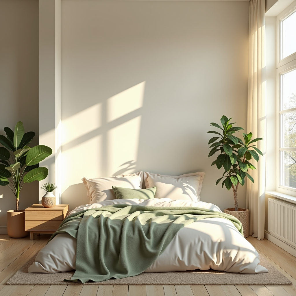 A peaceful bedroom environment with soft natural lighting, minimalist decor in earth tones, comfortable bedding in cream and sage colors, and calming elements like plants and gentle curtains