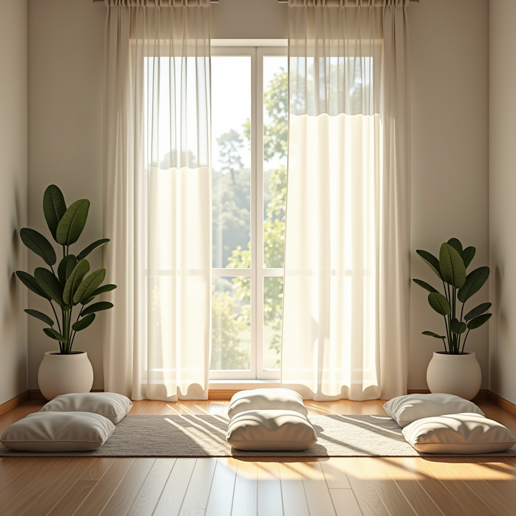 Serene meditation room with soft natural light filtering through sheer curtains, comfortable cushions on wooden floor, plants, and minimalist decor creating a tranquil atmosphere for mindfulness practice