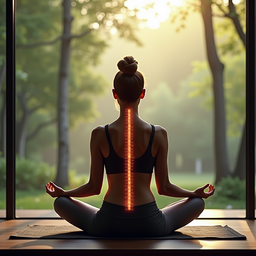 A person sitting in proper breathing posture with straight spine, hands resting gently on knees, in a calm natural setting with soft lighting demonstrating diaphragmatic breathing technique