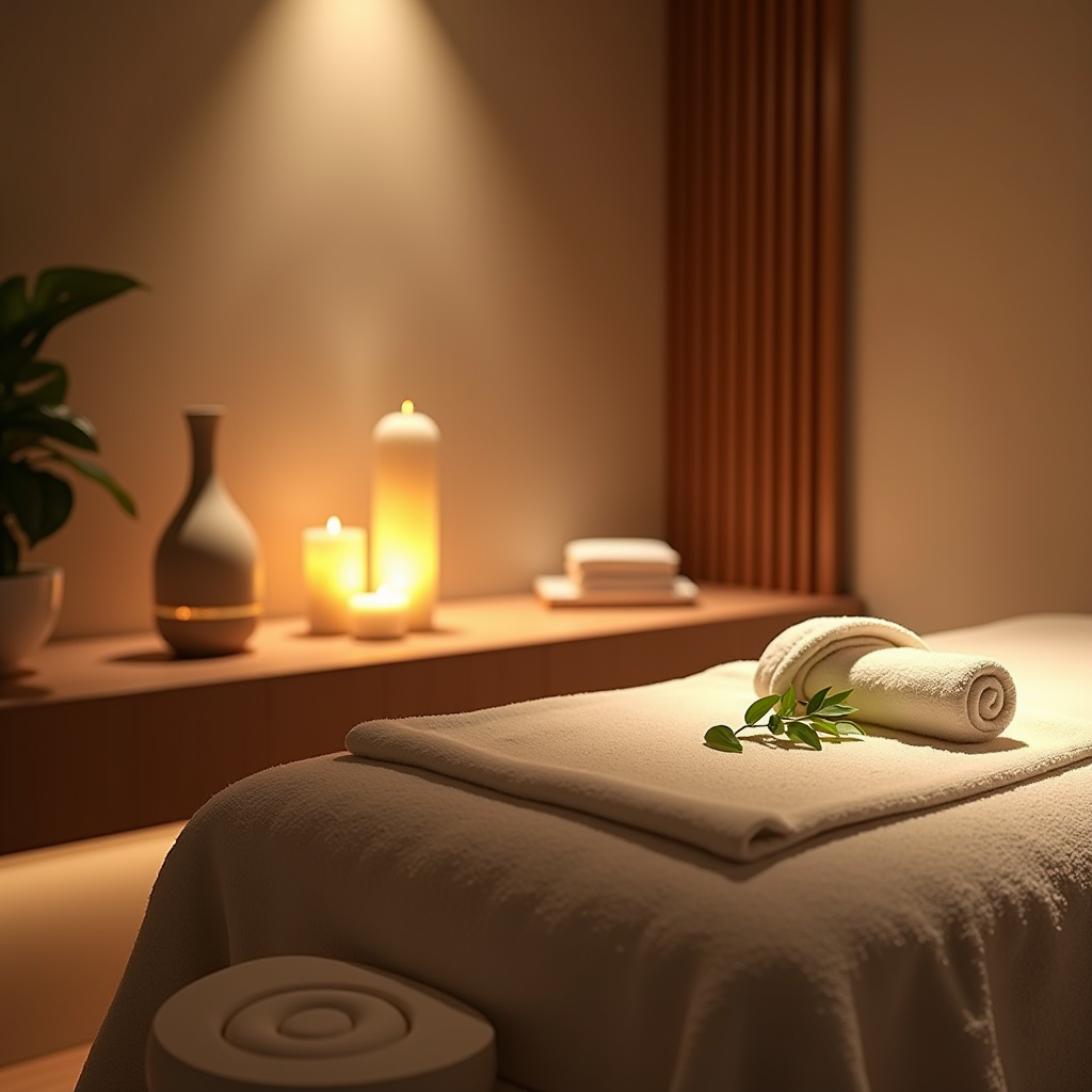 Calming massage therapy room with soft ambient lighting, massage table with fresh linens, essential oil diffuser, candles, and natural elements creating a peaceful healing environment