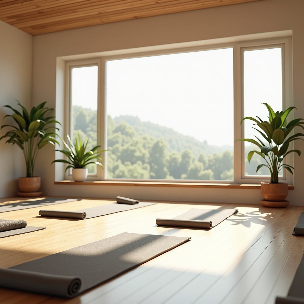 Bright, airy yoga studio with bamboo flooring, large windows with natural light, yoga mats arranged in peaceful setting, plants, and calming neutral tones promoting mindful movement and flexibility